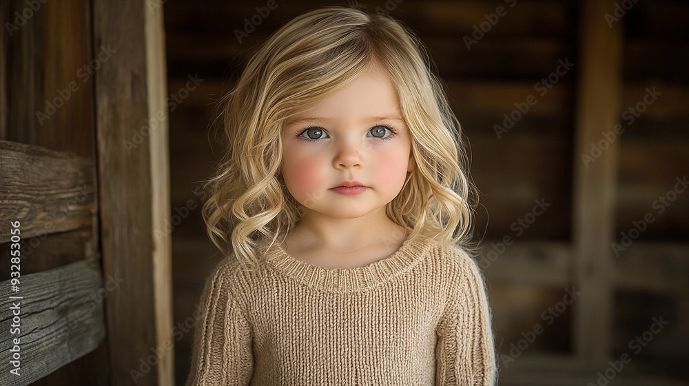 A child with blonde, curly hair gazes softly while wearing a knit sweater, surrounded by warm wooden walls in a sunlit atmosphere A child with blonde, curly hair gazes softly while wearing a knit sweater, surrounded by warm wooden walls in a sunlit atmosphere
