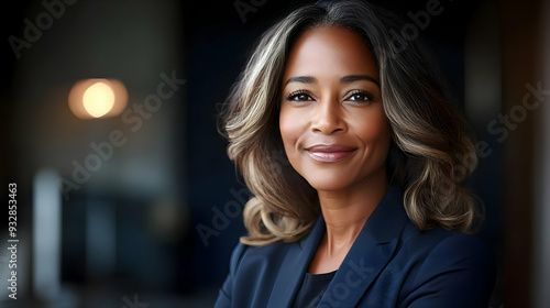 Confident businesswoman with a warm smile and stylish hair, looking directly at the camera.