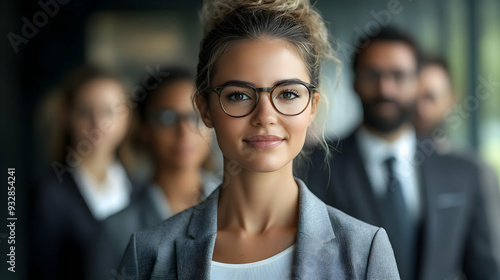 Confident businesswoman with glasses smiling at camera with colleagues in background.