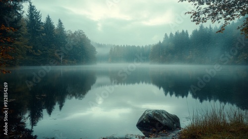 Fototapeta Naklejka Na Ścianę i Meble -  Misty lake with forest reflection and single rock in the foreground. Serene and calm landscape photo.