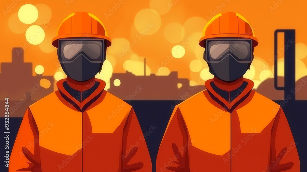 Foundry workers, heatresistant suits and face shields, flat design illustration Foundry workers, heatresistant suits and face shields, flat design illustration
