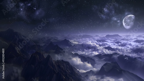 mountain. backgrounds night sky with stars and moon and clouds.