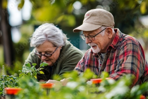 Elderly individuals participate in gardening activities, enjoying the outdoors while planting and tending to vibrant plants in a community garden