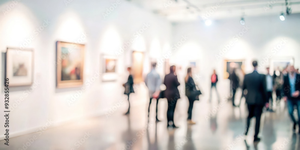 Blurred background of an art exhibition opening with guests and artworks.
Blurred background of an art exhibition opening with guests and artworks.