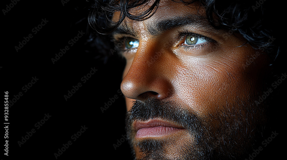 Obraz premium A man gazes thoughtfully, highlighting his deep green eyes and textured skin under soft lighting