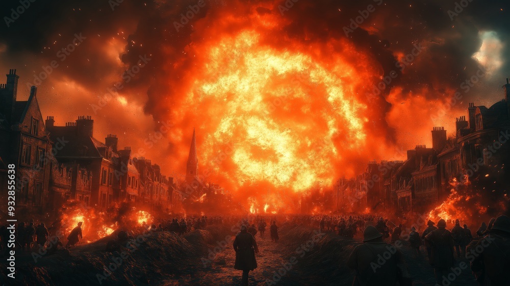 A Dramatic Scene of a Massive Explosion Devastating a Historic Town, Engulfing Buildings in Flames and Smoke, with Silhouetted Figures Witnessing the Catastrophe in the Foreground A Dramatic Scene of a Massive Explosion Devastating a Historic Town, Engulfing Buildings in Flames and Smoke, with Silhouetted Figures Witnessing the Catastrophe in the Foreground