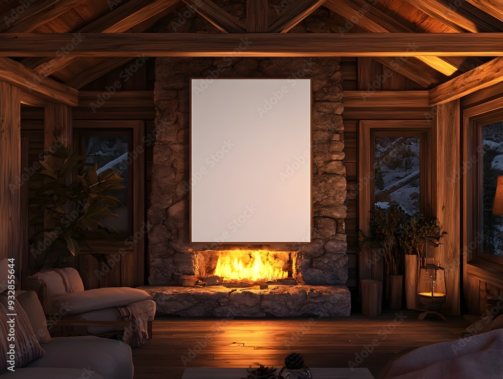 3D Rendered Mockup of a White Background Frame in a Cozy Rustic Cabin Setting with Wooden Beams Stone Fireplace and Warm Ambient Lighting Creating a Serene and Inviting Atmosphere 3D Rendered Mockup of a White Background Frame in a Cozy Rustic Cabin Setting with Wooden Beams Stone Fireplace and Warm Ambient Lighting Creating a Serene and Inviting Atmosphere