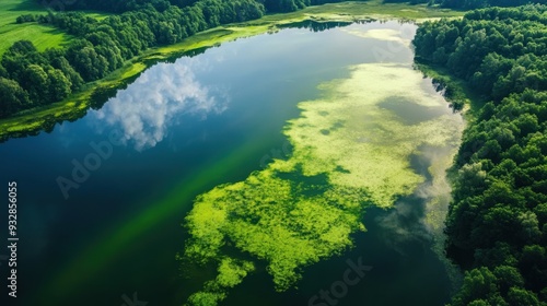 Aerial View of a Tranquil Lake with Lush Green Foliage