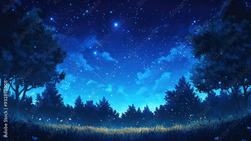 Naklejka premium Blue starry night sky over a quiet forest, peaceful and enchanting, celestial beauty