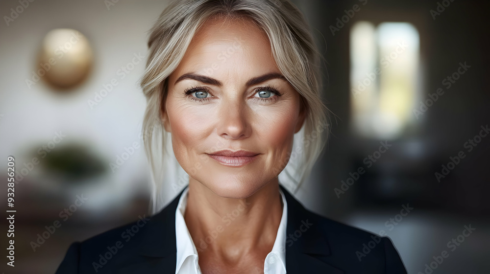 Fototapeta premium Confident middle aged woman with blonde hair looking directly at the camera with a relaxed smile.