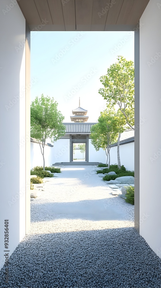 3D Rendered Mockup of a White Background Frame Set in a Serene Japanese Garden Courtyard,Featuring Pagoda-Style Architecture,Tranquil Stone Pathway,and Raked Gravel Landscape. Minimalist. 3D Rendered Mockup of a White Background Frame Set in a Serene Japanese Garden Courtyard,Featuring Pagoda-Style Architecture,Tranquil Stone Pathway,and Raked Gravel Landscape. Minimalist.