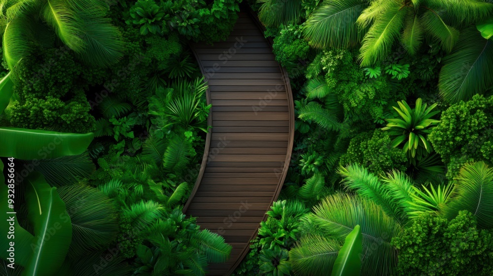 Fototapeta premium Serene wooden pathway through lush green foliage, inviting tranquility and adventure in a vibrant jungle setting.