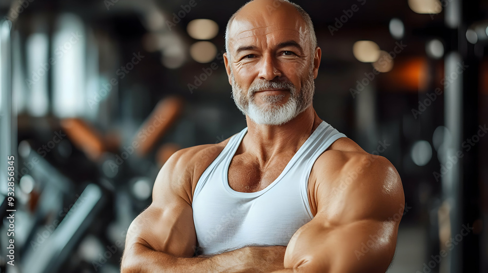 Confident senior man in gym with arms crossed. Confident senior man in gym with arms crossed.