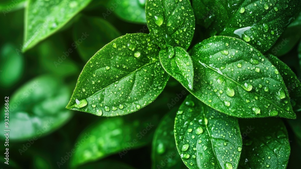 Close-up of fresh green leaves with water droplets, natural texture, and calming background Close-up of fresh green leaves with water droplets, natural texture, and calming background