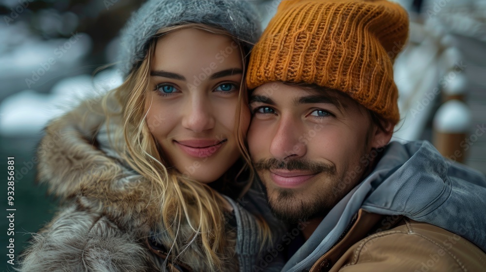 couple at date in the city having fun on pier nearriver together during cold spring autumn day couple at date in the city having fun on pier nearriver together during cold spring autumn day