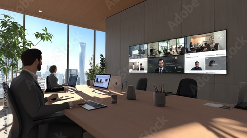 Modern Office Meeting Room with Video Conferencing Screens