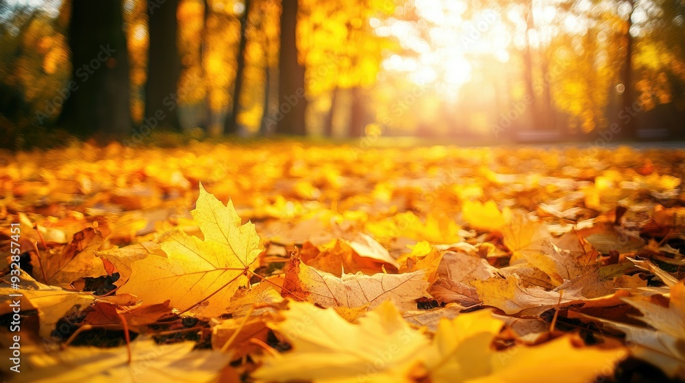 Golden autumn leaves covering the ground, crisp and vibrant fall day in the park Golden autumn leaves covering the ground, crisp and vibrant fall day in the park
