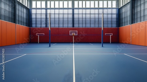 A korfball court with elevated baskets on poles and a clearly marked playing area ready for a recreational sports game or tournament photo