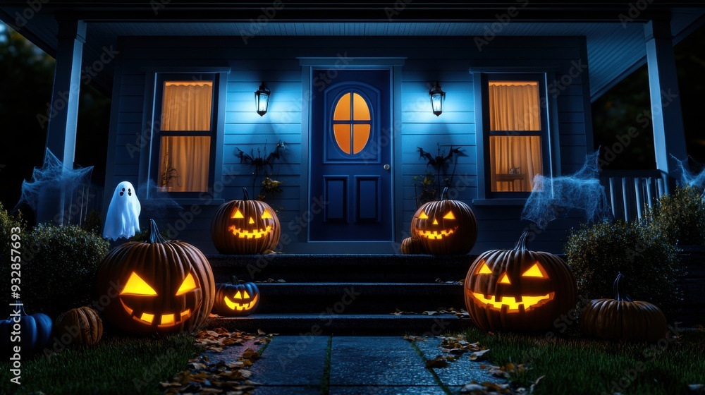Obraz premium Spooky Halloween night scene featuring carved pumpkins and a ghost decoration 