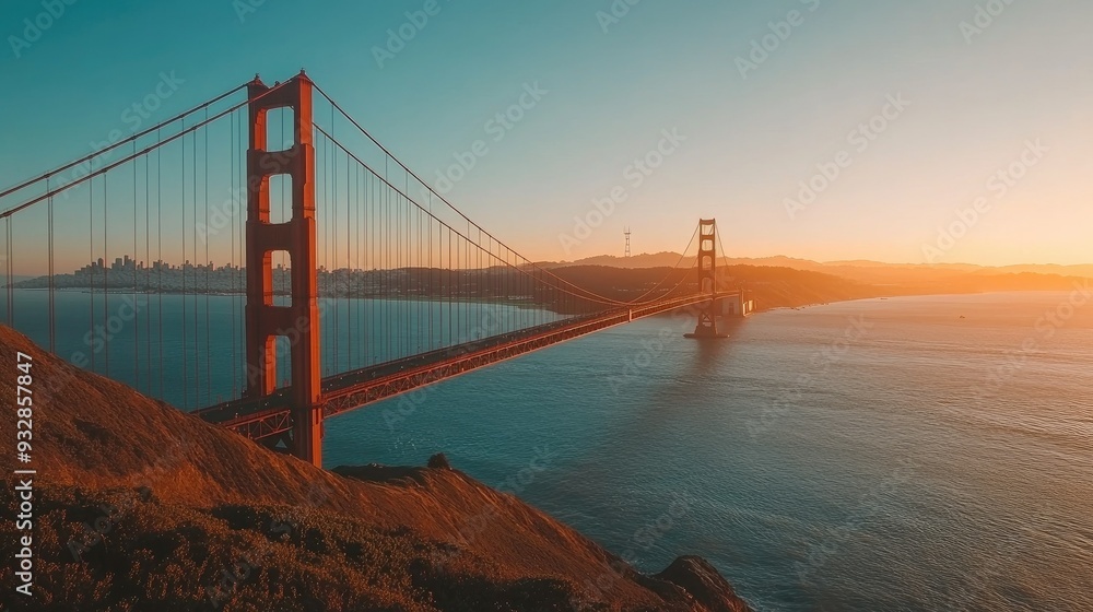Fototapeta premium Golden gate bridge at sunset, iconic landmark glowing in warm evening light