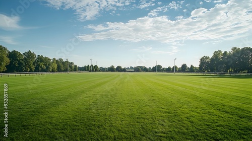 Expansive polo field with prominent goalposts at each end set amidst a lush green grassy landscape This open spacious sporting venue is ready for an exciting polo match or tournament