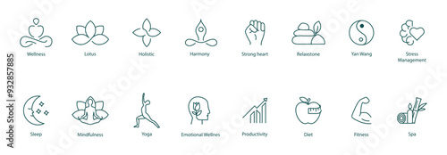 Vector Icons Set: Meditation, Mindfulness, Lotus, Holistic, Strong Heart, Spa, Relaxed Tone, Yang Wand, Stress Management, Sleep, Wellness, Yoga, Emotional Well-being, Productivity, Diet, Fitness