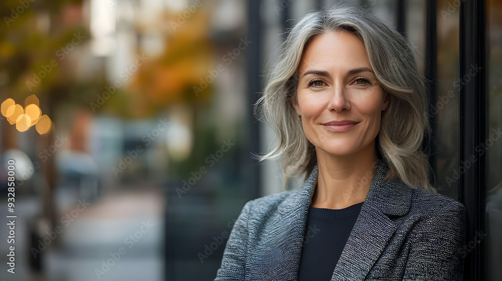 Confident woman with silver hair smiling outdoors. Confident woman with silver hair smiling outdoors.