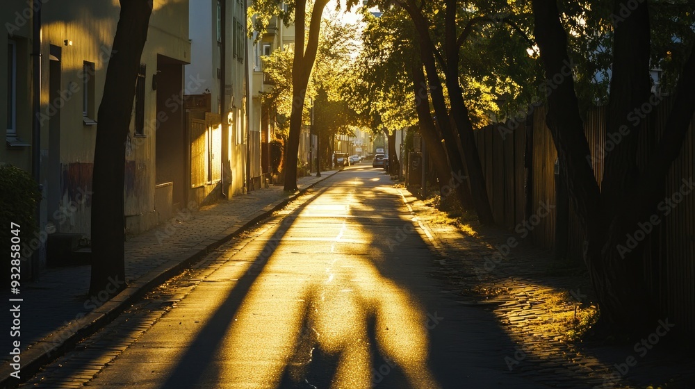 Obraz premium Golden hour light casting long shadows on a quiet street, tranquil and peaceful urban scene