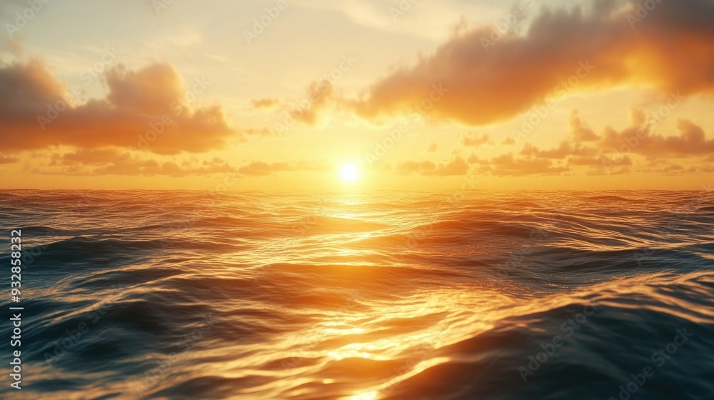 Obraz premium Golden hour sunset over the ocean with warm glowing light, serene and peaceful seascape