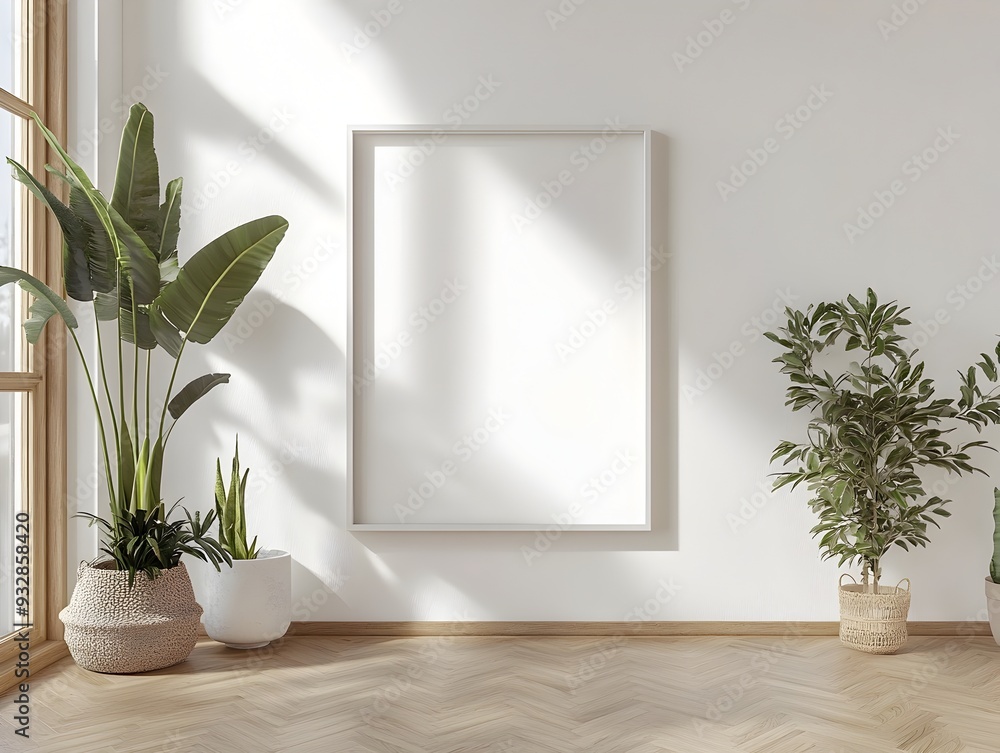 A 3D rendered mockup of a clean white background frame displayed in a minimalist modern living room setting with Bauhaus inspired architectural and design elements The image showcases a simple A 3D rendered mockup of a clean white background frame displayed in a minimalist modern living room setting with Bauhaus inspired architectural and design elements The image showcases a simple