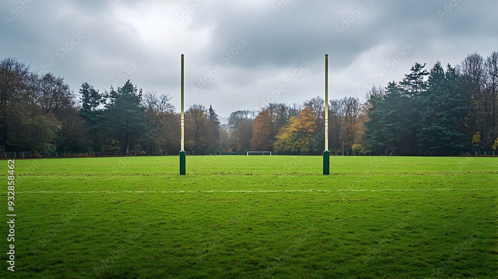 Panoramic view of a verdant rugby field with towering goal posts setting the stage for an intense and thrilling sports competition