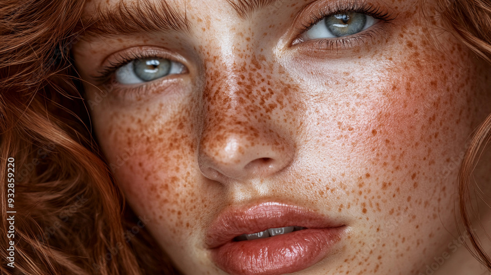 Fototapeta premium A young woman with freckled skin and vivid blue eyes gazes directly, highlighting her natural beauty and unique features