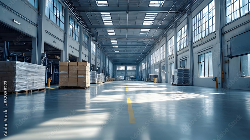 Empty industrial warehouse with large windows and pallets of boxes. Empty industrial warehouse with large windows and pallets of boxes.