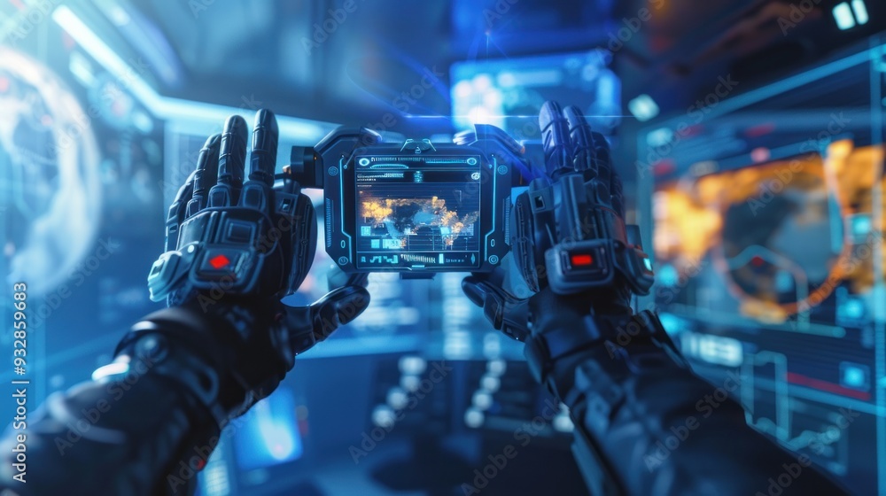 Futuristic Technology - A Robotic Hand Holding a Device with a Digital Map Futuristic Technology - A Robotic Hand Holding a Device with a Digital Map