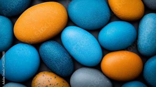 Colorful stones in various shapes and sizes are arranged artistically, showcasing vibrant blues and oranges against a contrasting dark backdrop photo