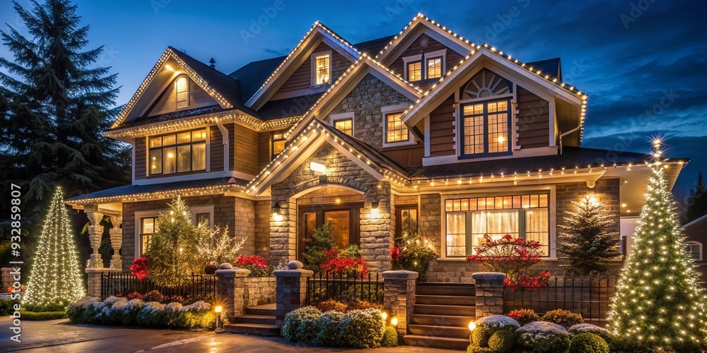 Obraz premium House in Vancouver beautifully decorated and lit up with Christmas lights at night , Vancouver, Canada, Christmas, December 26