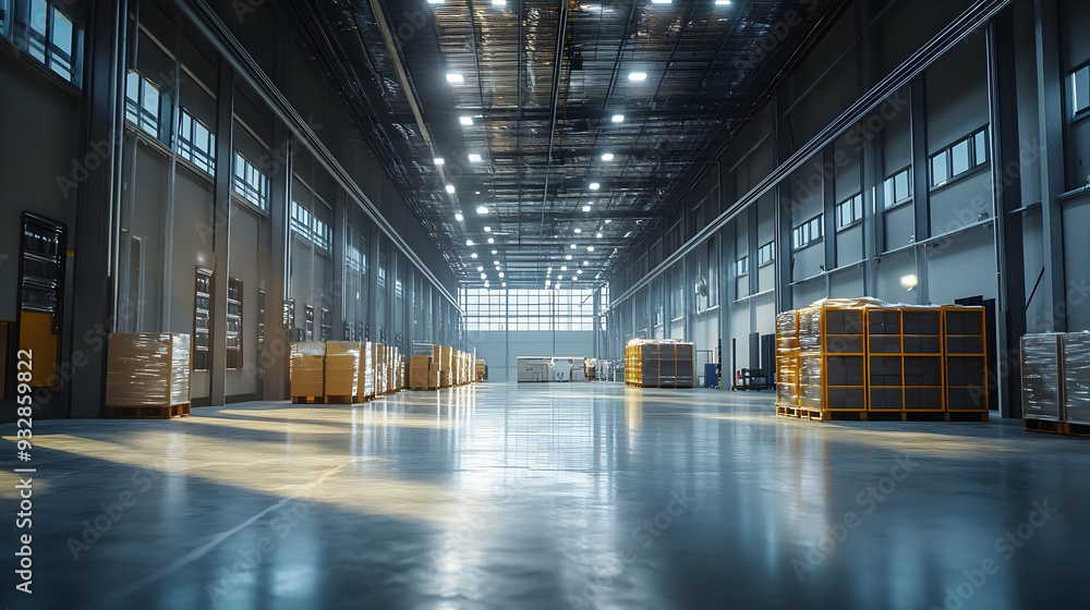 Empty warehouse interior with rows of pallets with wrapped boxes and bright lights. Empty warehouse interior with rows of pallets with wrapped boxes and bright lights.