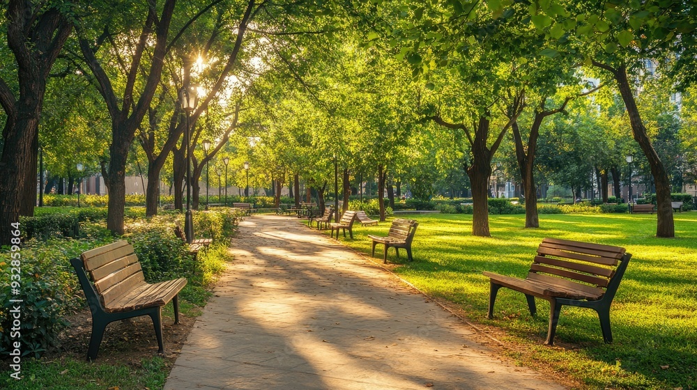 Green city park with benches, trees, and walking paths, urban oasis and outdoor space Green city park with benches, trees, and walking paths, urban oasis and outdoor space