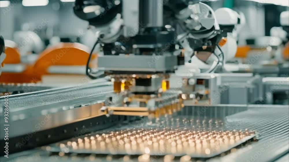 Automated PCB Assembly Line. Conveyor with Advanced High Precision Robot Arms at Electronics Manufacturing Factory. Component Installation on Circuit Board Automated PCB Assembly Line. Conveyor with Advanced High Precision Robot Arms at Electronics Manufacturing Factory. Component Installation on Circuit Board