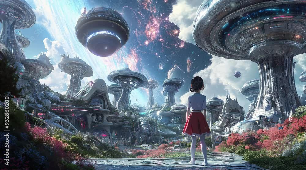 Girl standing on the surface of a mysterious planet, surrounded by an ...