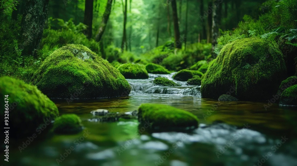 Green moss-covered rocks in a forest stream, peaceful and untouched nature, zen-like atmosphere Green moss-covered rocks in a forest stream, peaceful and untouched nature, zen-like atmosphere