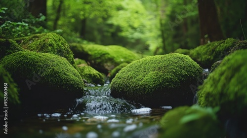 Green moss-covered rocks in a forest stream, peaceful and untouched nature, zen-like atmosphere