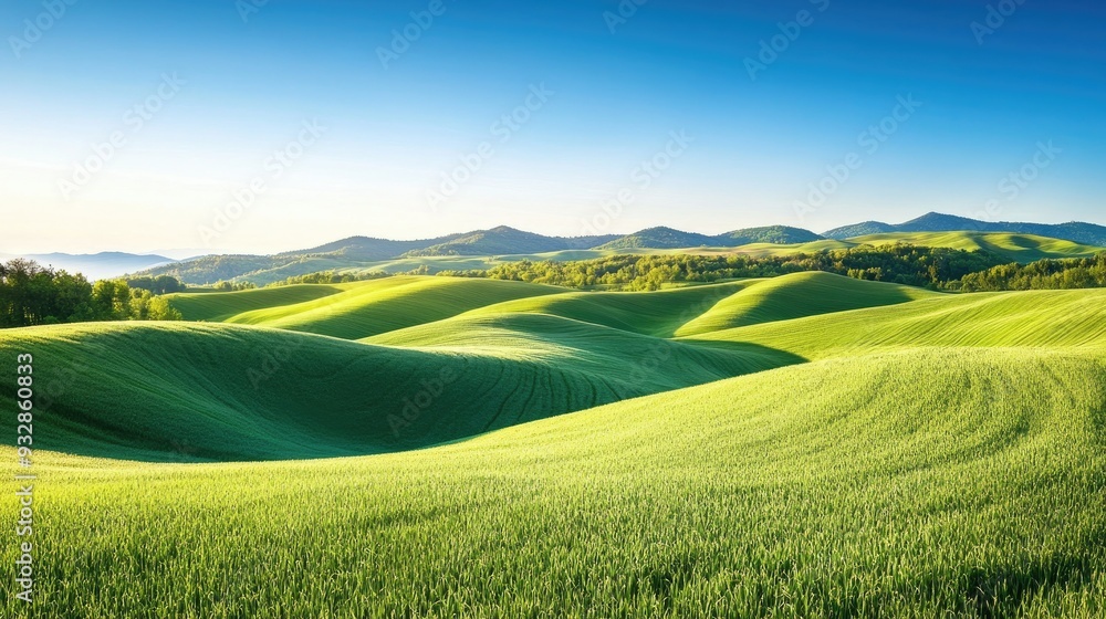 Obraz premium Green rolling hills under a clear blue sky, pastoral landscape, peaceful countryside