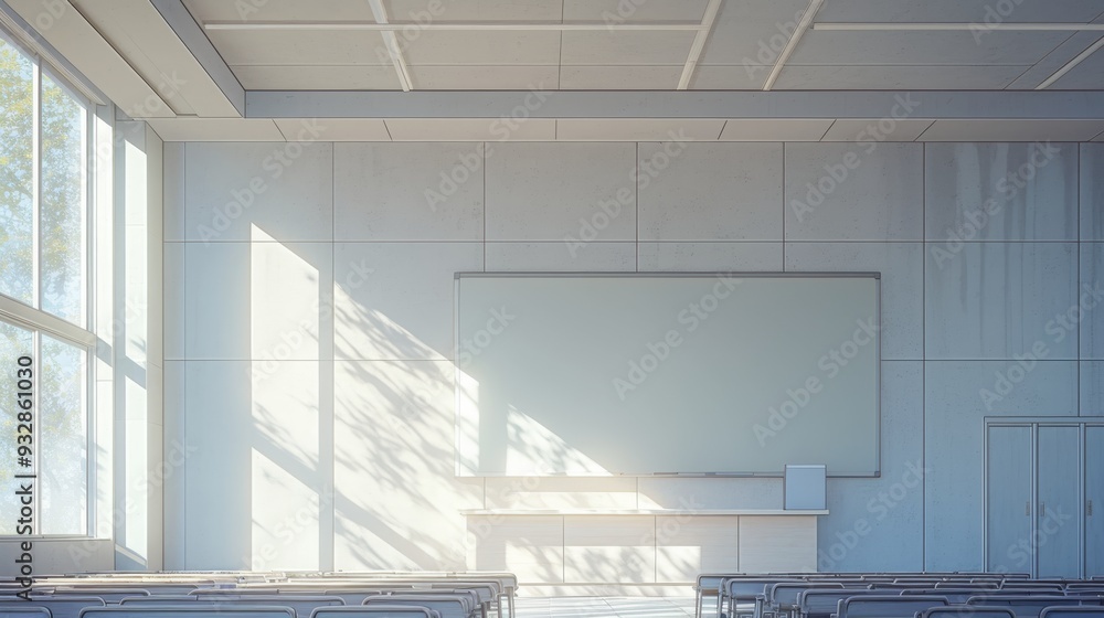 Fototapeta premium A minimalist space with white walls, a single desk at the front, and chairs stacked neatly in the corner