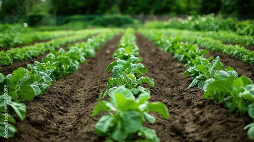 Green vegetable garden with neatly planted rows, organic farming and sustainable agriculture