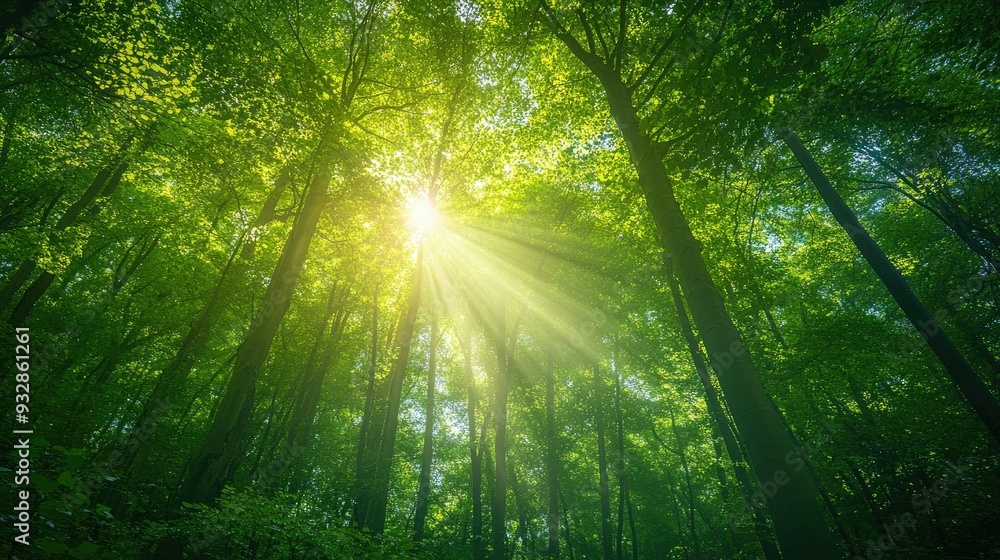 Obraz premium Lush green forest canopy with sun rays filtering through the leaves, peaceful nature scene, summer day