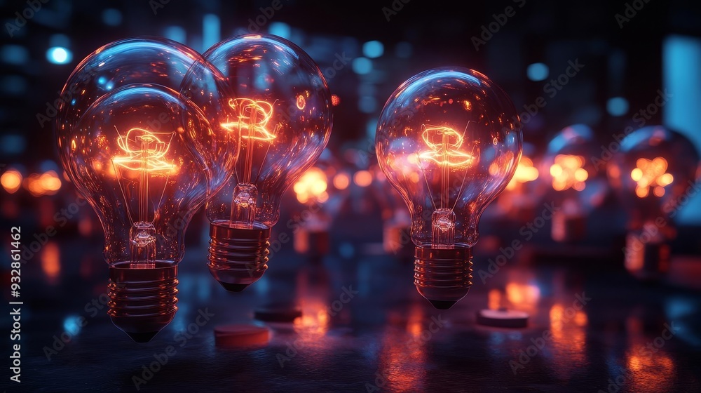 Brainstorming, glowing holographic ideas, flowing light bulbs, dark background, creative process in action Brainstorming, glowing holographic ideas, flowing light bulbs, dark background, creative process in action