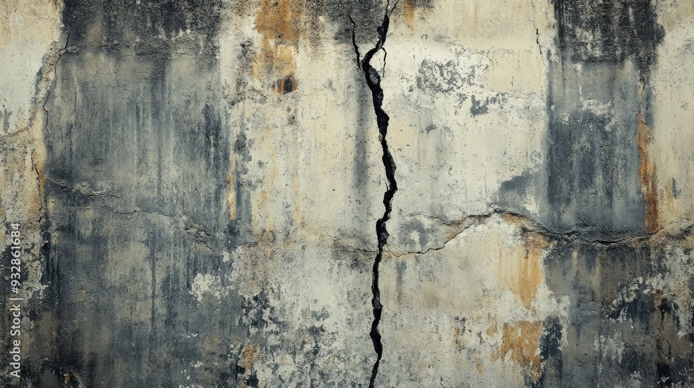 Old cement wall with a large crack running vertically, aged and distressed, industrial feel Old cement wall with a large crack running vertically, aged and distressed, industrial feel