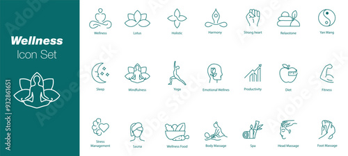 Vector Icons Set: Meditation, Wellness, Lotus, Holistic, Harmony, Strong Heart, Relax Stone, Yarn Wand, Sleep, Mindfulness, Yoga, Emotional Wellness, Productivity, Diet, Fitness, Stress Management