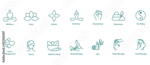 Vector Icons Set: Meditation, Lotus, Holistic, Harmony, Strong Heart, Relax Stone, Stress Management, Sauna, Wellness Food, Body Massage, Spa, Head Massage, Foot Massage